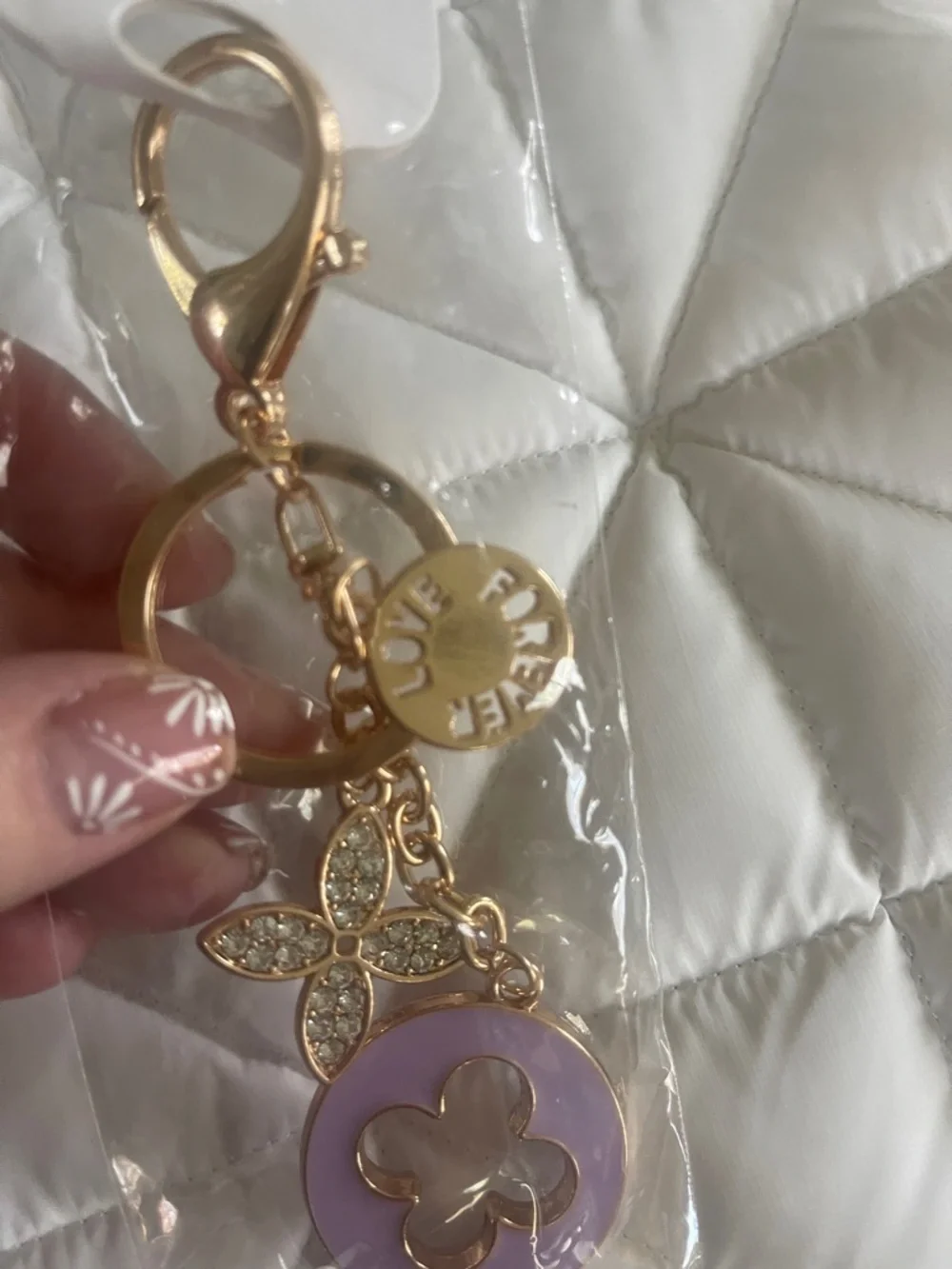 Gold-Tone Keychain Purse Bag Charm with Lavender Enamel Flower Accent nwt
